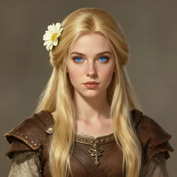portrait, 30 years old women :: fantasy :: blue eyes, long straight blonde hair, flower in hair :: attractive, symmetric face :: brown medieval cloting, natural materials :: high detail, digital art, RPG, concept art, illustration