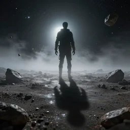 A realistic detailed photo of a shadow standing in the distance, creepy, space, space debris, detailed body, glass reflections, foggy landscape, bits of rock floating in space, light particles, detailed light, realistic shaders, trending on artisation, detailed textures, detailed, realistic.