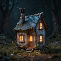 strange tiny house by Tim Burton, dark background, volumetric lighting