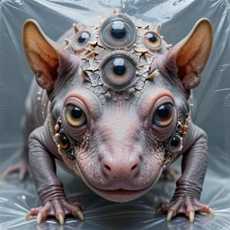 a high resolution photo of a head, grown together various animal eyes, amphibia hairless veins wrinkles morphing nature documentary, cracked plastic wrap, bump map, dolphin gills morph scales merged in fur skin, wrinkled muscles skin, veins merged feet head, normal map, displacement, distorted animal head face eyes arms tail, reflection map,