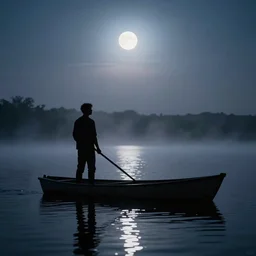silhouette of a man standing in a rowboat, lake, whisps of fog, moonlit night, by peter doig