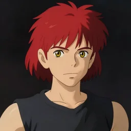 young portrait, mullet, black, sleeveless shirt, thin lips, red hair, yellow eyes, art by studio ghibli and greg rutkowski and artgerm and ilya kuvshinov, portrait, d & d, fantasy, highly detailed, digital painting, headshot, trending on artstation, concept art, sharp focus, illustration