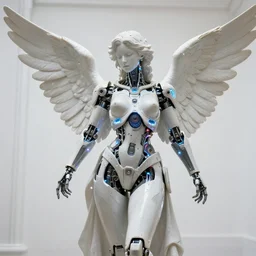 sculpture of female angel with solarpunk mecha humanoid robotic parts with bright led lights, pudica pose gesture, by renoir, in a white room, ultra - realistic and intricate, hdr 8 k