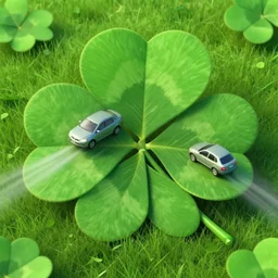 a car running over a giant clover, hd photo hyper realistic render