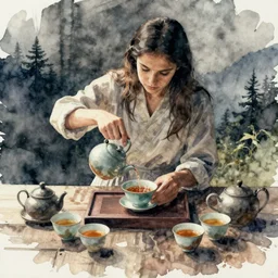 tea ceremony, intricate watercolor synthwave illustration by tim doyle