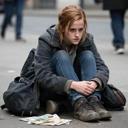 homeless decrepit emma watson begging for money on the street, dirty, award winning photography, ultra detailed, 4 k