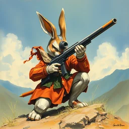 cover of a rabbit kabuto sharpshooter. art by gerald brom ( 1 9 8 9 ). gunpla