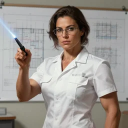 epic portrait of slightly muscular brown woman wearing short sleeved white uniform, instructing with laserpointer, coonstruction plan for background, glasses, detailed, digital painting, artstation, concept art, donato giancola, joseph christian leyendecker, wlop, boris vallejo, breathtaking, 8 k resolution, extremely detailed beautiful, establishing shot, artistic hyperrealistic, beautiful face octane render