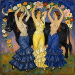 highly detailed painting of gemini flamenco goddesses wearing celestial gowns with a black bull framed with flowers by tamara de lempicka