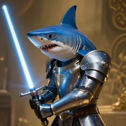 blue thresher shark wearing plate armor, shark head, holding a lightsaber, fantasy, wonderful masterpiece highly detailed, scifi, beautiful cinematic light deep focus, elegant, digital painting, smooth, sharp focus, golden ratio, dramatic illumination, ultra realistic, 8 k, art by ilya kuvshinov, artgerm, alphonse mucha, and greg rutkowski