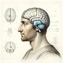 man wearing brain - computer - interface drawing by leonardo da vinci, plan. blueprint