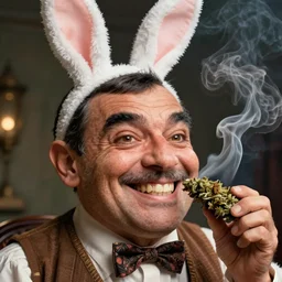 hyper realistic, close up portrait of a mega derpy mr. bean, big chungus, with bunny ears, smoking massive amounts of weed, big smile, buck teeth, hillbilly, by greg rutkowski, scott m fischer, artgerm, loish, slight glow, atmospheric, anne stokes, alexandros pyromallis, 4 k, 8 k