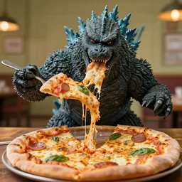 an godzilla eating pizza with a fork