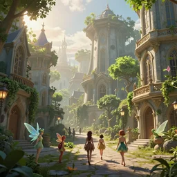 a fantasy realm with fairies and different creatures walking the streets with beautiful ornate buildings and lush green trees, morning sunrise and amazing lighting