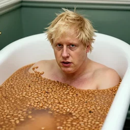Boris Johnson in a bathtub full of baked beans