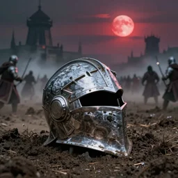 Science fantasy armor helmet lying in the mud as medieval battle rages in the background, distant ancient towers, red moon in the sky, misty night battle many knights
