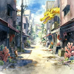 incredible anime movie scene, watercolor, underwater market, empty road, coral, harsh bloom lighting, rim light, abandoned city, paper texture, movie scene, caustics shadows, deserted shinjuku junk town, old pawn shop, bright sun ground, wires, telephone pole, pipes, yellow dragon head