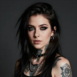 studio portrait of a young alternative punk girl with facial tattoos and piercings