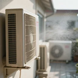 close - up seen a profile wall with an air conditioner in the room and an air conditioner on the terrace with water spray faded, depth of field, sunny, ultra realistic, very detailed, 8 k hyper realistic detailed cinematic still by nadav kander