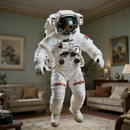 a single astronaut eva suit made of diamond 3d fractal lace iridescent bubble 3d skin and covered with insectoid compound eye camera lenses floats through the living room, film still from the movie directed by Denis Villeneuve with art direction by Salvador Dalí, wide lens,