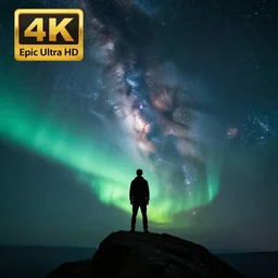 4K Epic Ultra HD detailed award-winning wallpaper silhouette of lonely man standing on rock looking at huge vast sky universe Milky Way aurora