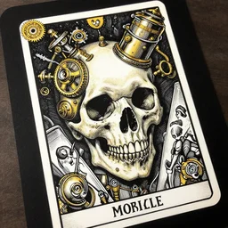 skull, steampunk, black paper, gold details, tarot card, by peter mohrbacher, by marc simonetti, by mike mignola, detailed, intricate ink illustration 7 0 4