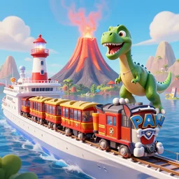paw patrol volcano lighthouse train on a cruise ship that battles dinosaurs. HD octane unreal 5 redshift render.