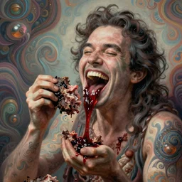 weird and disturbing psychedelic bill hicks eating rotten flesh, laughing and puking blood, diffuse lighting, fantasy, intricate, elegant, highly detailed, lifelike, photorealistic, digital painting, artstation, illustration, concept art, smooth, sharp focus, art by francis bacon