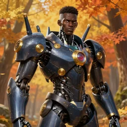 an epic fantasy comic book style portrait painting of a black african robot made out of plastic with golden ornaments, studio ghibli, unreal 5, daz, hyperrealistic, octane render, cosplay, rpg portrait, dynamic lighting, intricate detail, harvest fall vibrancy, cinematic