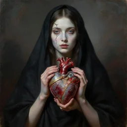 Beautiful woman with fractured pale face in black cloth holds surreal ornate heart in her hands, the long shot, dramatic lighting, high-detailed oil painting by Christensen, James C and William Blake, masterpiece, 4k