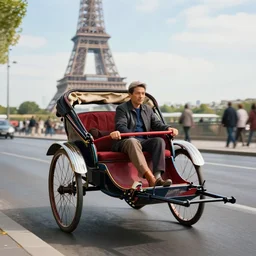 ( photo of ) rickshaw driving through paris, wide shot, ultrarealistic, detailed, ( ( depth of field ) ) ), crisp details, sharp details, photorealism, colorful, cinematic, horizon forbidden west trending on artstation, masterpiece, by greg rutkowski, studio ghibli, by ross tran, by fenghua zhong, octane, soft render