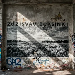 graffiti done by zdzislaw beksinski, graffiti on the walls, distressed, blown - out