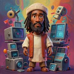 stylish caricature 3 d vfx drew struzan movie poster art of an african jesus surrounded by technology, art style by james jean & hsiao - ron cheng, unreal engine render, digital illustration, sharp, intricate detail, volumetric lighting, ray tracing, soft light, colourful, claymation style, ernie barnes style, symmetry, acrylic on canvas, pinterest, artstation,