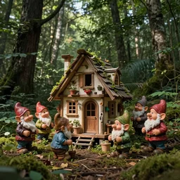 movie scene, real life team of gnome people building a tiny house in their forest village natural lighting by emmanuel lubezki