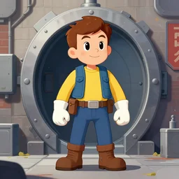 a vault boy in postapocalypse city, 1 9 5 0 propaganda style