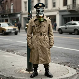 a trenchcoat soldier wearing a gasmask and officer hat, standing on street corner, gritty, noir s- 50