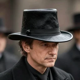 a gentleman wearing a tall black leather hat