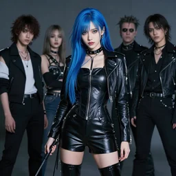 hyper realistic photograph portrait of pretty girl with blue hair, wearing a full leather outfit, holding a whip, dramatic lighting by makoto shinkai, ilya kuvshinov, lois van baarle, rossdraws, basquiat