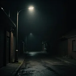 A dark street with streetlights lighting it, a monster seems to be watching you from the darkness