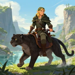 D&D art of a rogue halfling with hairy feet, riding on top of a panther through waterdeep, sunny afternoon