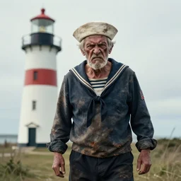 angry, old, scarred sailor standing in front of a lighthouse