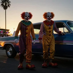 2 0 clowns leaving a clowncar at a california drive in, in 2 0 1 2, cutecore clowncore, bathed in the the glow of the sunset, low - light photograph, in style of monkeybone