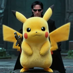 film sitill from the matrix ( 1 9 9 9 ) screenshot from the matrix detective pikachu as a neo holding weapon 8 k