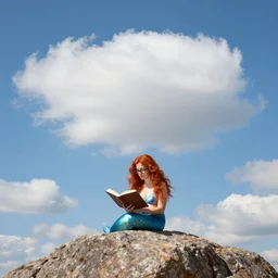 mermaid reading a book, photorealistic, red hair!, perched on a rock, wearing reading glasses!!, big blue sky, tall fluffy clouds, rule of thirds, medium wide shot, subject center bottom of frame
