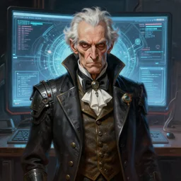 marvel comic book style portrait painting of an old thin wispy man with a mean intelligent face, and futuristic victorian clothing, standing in front of a computer simulation, sci - fi, intricate, elegant, highly detailed, digital painting, artstation, concept art, matte, sharp focus, illustration, art by artgerm and greg rutkowski and jim burns