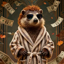 portrait, anthropomorphic aardvark, striped bathrobe, curly hair, electric sunglasses, surrounded by floating autumn dollar bills, fantasy, detailed, intricate, luminescent, elegant, coherent, by mandy jurgens, hannah yata and kay sage, donato giancola, detailed, artstation, cinematic lighting, artdeco, art deco outrun aesthetic