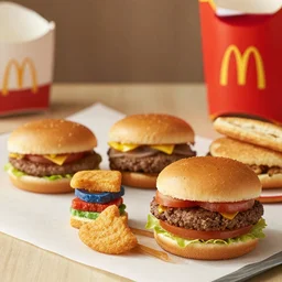 mcdonalds colorful pattys between buns, commercial photograph taken on table