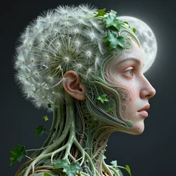 intricate hyper detailed ultra sharp 3 d render of a witch profile close - up!!! portrait, art nouveau, alexander mcqueen, transparent fractal dandelion green ivy roots, moon in the background, intricate details, anatomical, flesh ornate, facial muscles, cable wires, elegant, hyper realistic, ultra detailed, octane render, volumetric cinematic lighting, 8 k post - production