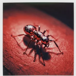 analog vintage photography polaroid of a chrome ant, red color bleed, heavy film grain, bloom, glow