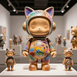 8 k octan, advertising, highly detailed, photo, a totally wooden figurine collectible art toys wooden on feet, very cute fat fashion cyborg zen with cat ears, cyberpunk, graffiti colored design showroom, dealership, indoor display, convention, exhibition, a contemporary art gallery, symetrical, masterpiece, nofinito, design